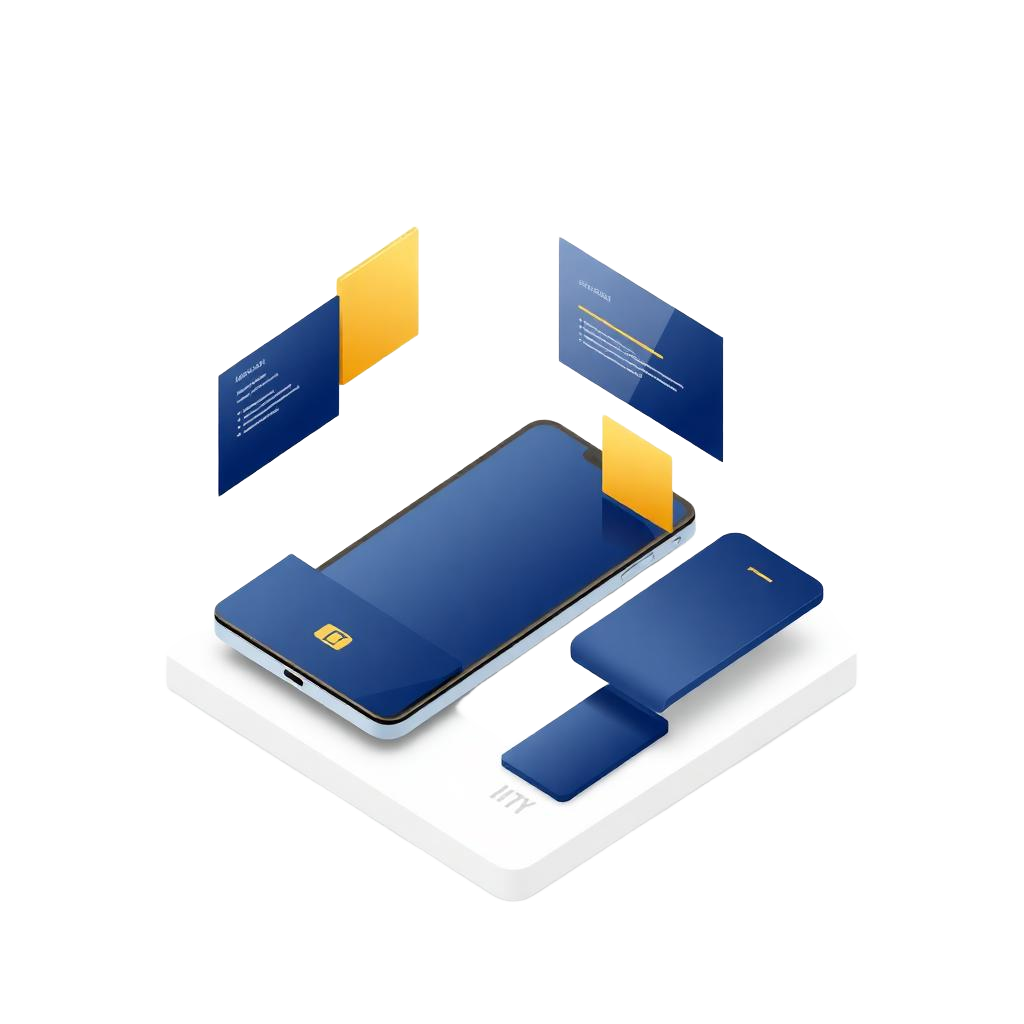 Isometrische Illustration eines Smartphones mit schwebenden UI-Elementen